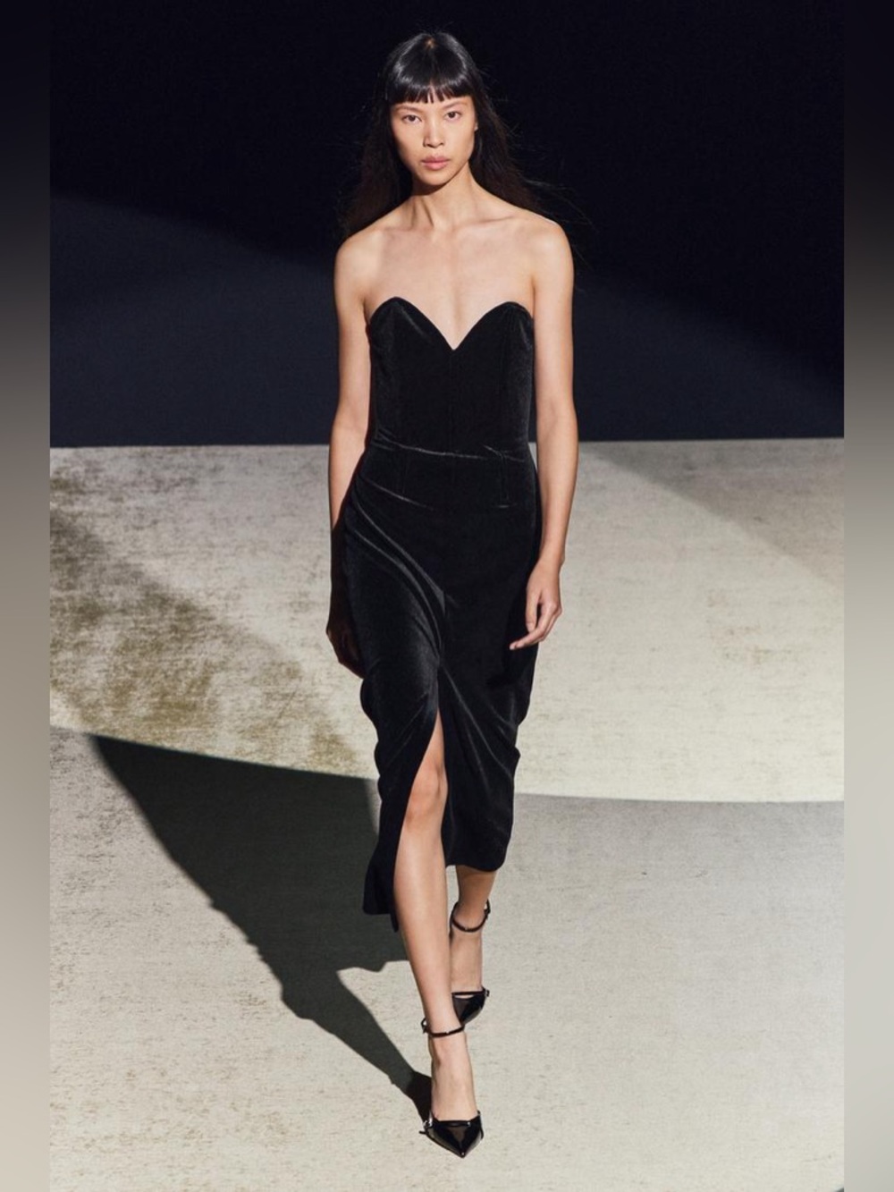 Zara black velvet corset bustier style midi dress with front slit sz.S